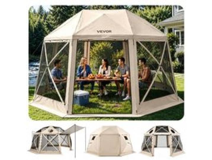 VEVOR Tente Moustiquaire Tonnelle Pop-up 4,57x4,57 m Tente Moustiquaire Pliante 12-15 Personnes 13 Côtés Abri Solaire pour Camping Famille, Terrasse, Jardin, avec Toit Amovible Sac de Transport, Beige