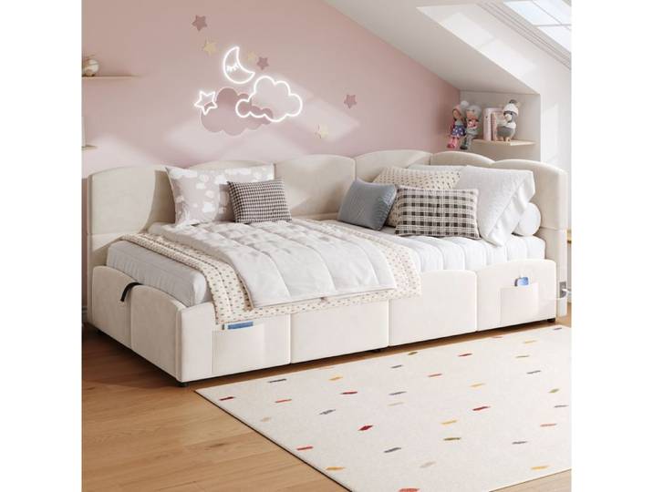 Lit de jour 90 x 200 cm SENVIRO coffre banquette en velours beige avec ports USB et structure