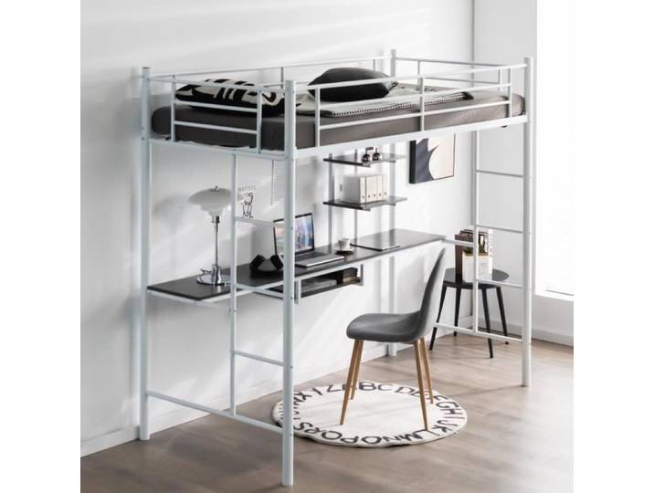 GOPLUS Lit Mezzanine en Métal avec Bureau Lit Superposé 2 en 1 avec Poste de Travail Cadre de Lit Superposé Blanc