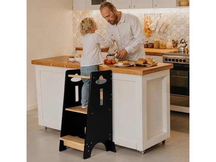 COSYLAND Höhenverstellbarer Kleinkind-Stehturm – super Stabiler Kleinkind-Küchenhocker, Helfer – 3 Ebenen, Holz-Kinder-Lernhocker für Küche, Toliet (schwarz und natürlich, groß)