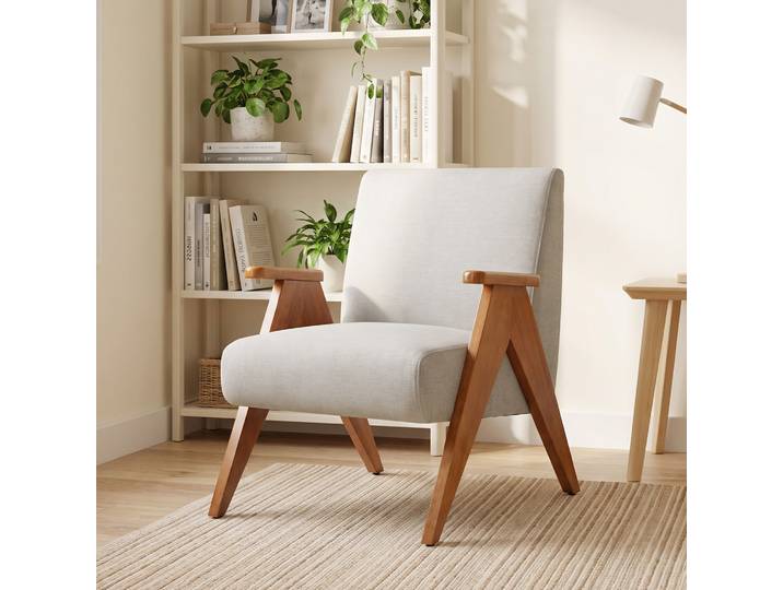 HOMCOM Fauteuil Salon Chenille Large Bois Massif Crème