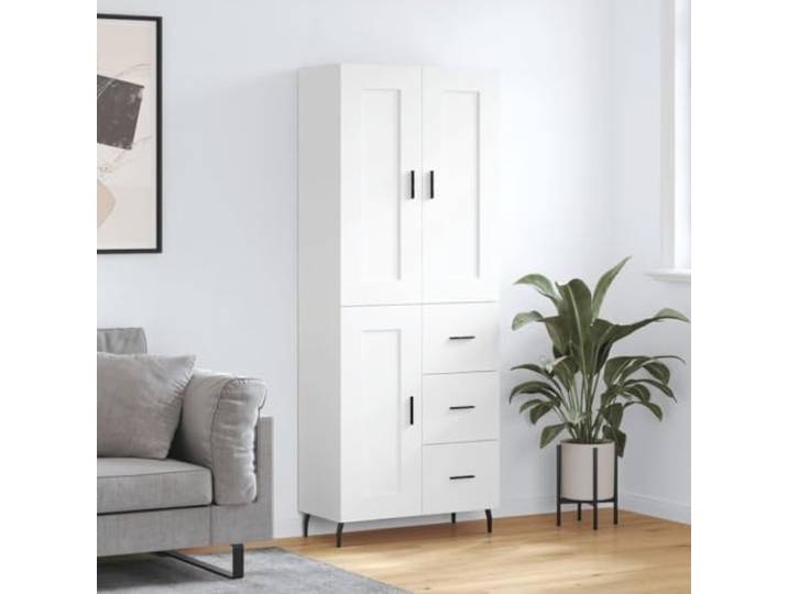 Highboard Weiß 69,5x34x180 cm Holzwerkstoff mit Türen und Metallfüßen Mit Wandhalterung sicherbar, Schrauben und Dübel nicht enthalten, vielseitig nutzbar im Wohnbereich