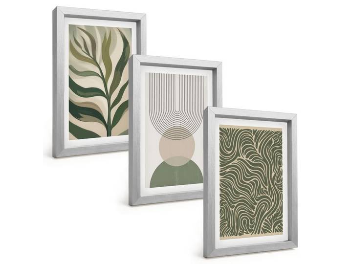 Tulup Bilder SET 3er Set - 20x30 cm Silberner Rahmen - Geometrische Blattformen, Silberfarben, Kunststoff, Rechteckig, 20x30 cm, gerahmt, Bilder & Rahmen, Bilder