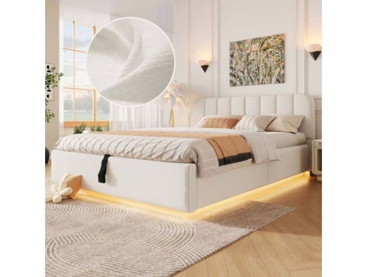 Lit double Norevia 140x200 cm lit capitonné beige avec éclairage LED et coffre de rangement