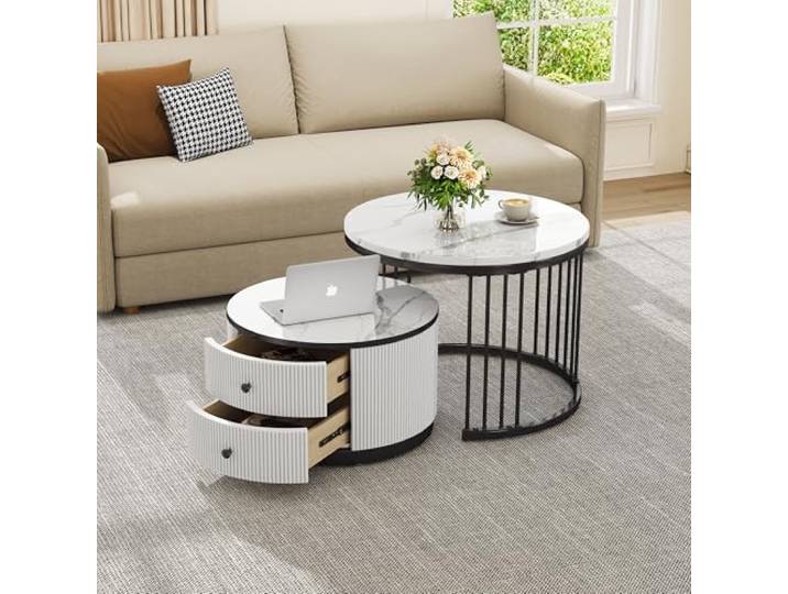 BTM Elegantes 2-teiliges, weißes Couchtisch-Set in Nestform, 60*60*45.5cm & 50*50*32cm, runde Tische mit hochglänzender Marmoroptik, 2 Schubladen, bis 30kg belastbar, Nesting-Kombination Couchtisch