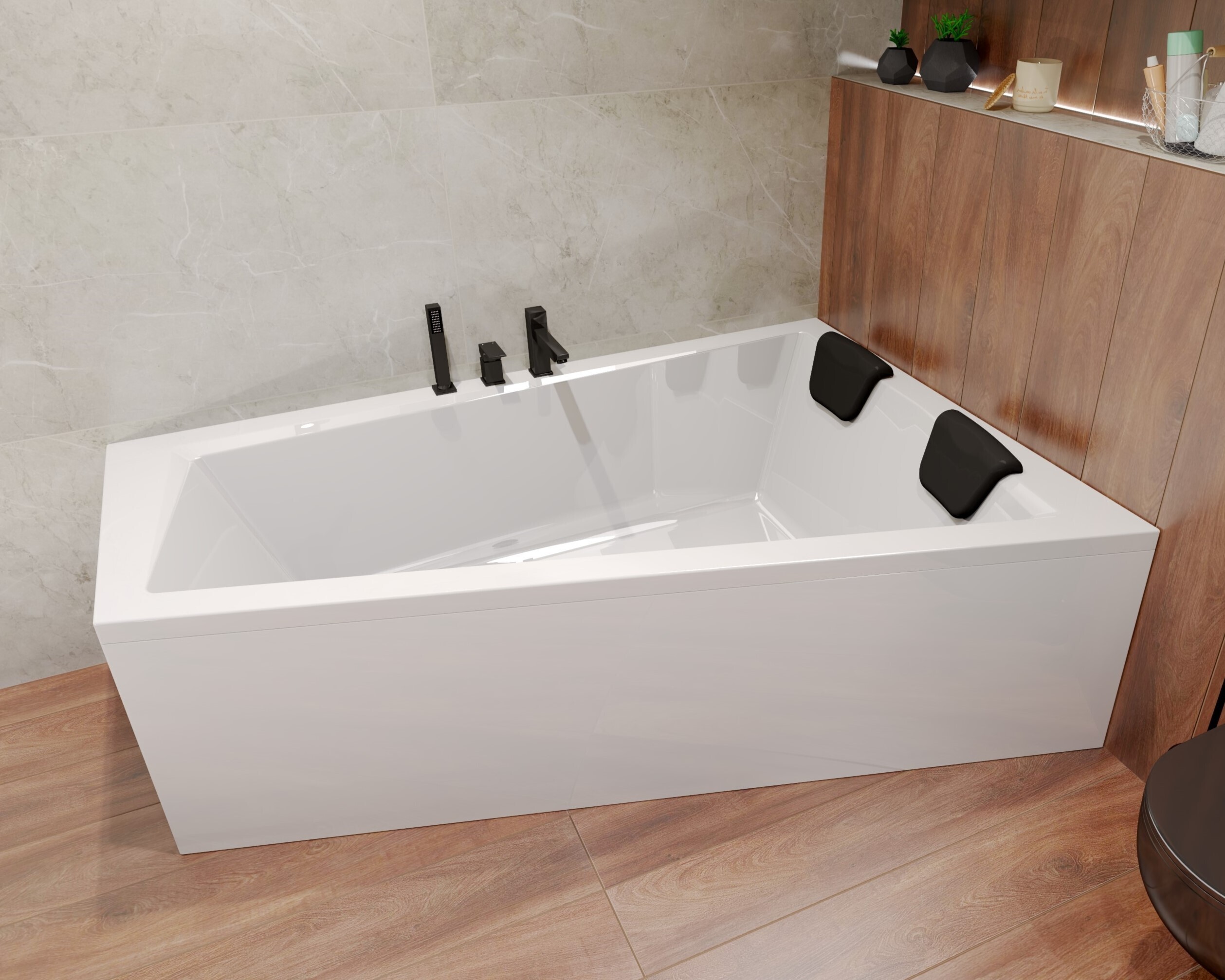 BADLAND Eckbadewanne Rechteck Badewanne INTIMAS RECHTS 150x85 mit Ablaufgarnitur und Füßen + 1 Badkissen | BADLAND INTIMAS