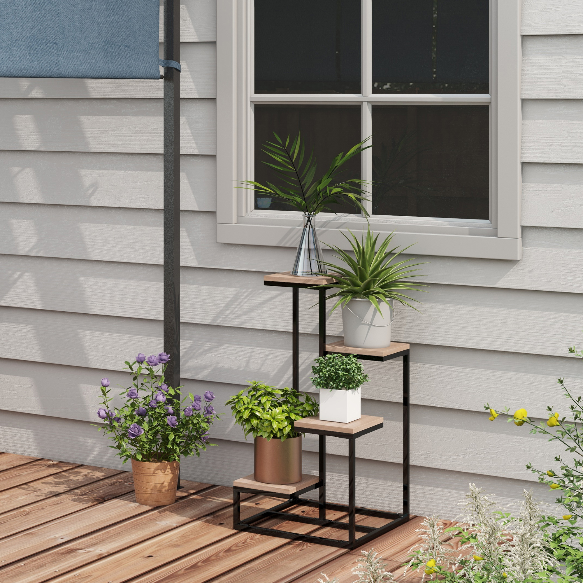 Outsunny Scaffale per Piante a 4 Livelli in Acciaio e Legno, 40x40x75.5 cm, Marrone e Nero Aosom