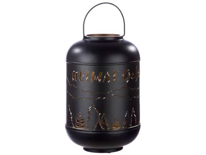 GILDE Lanterne décorative avec poignée - Découpe en Ciseaux - Décoration forestière - Inscription Heimat Gefühl - Décoration d'hiver de Noël - Couleur : Noir\, intérieur doré - Hauteur 49 cm