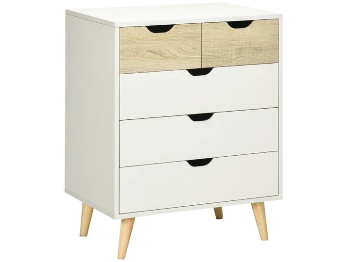 Commode design scandinave 5 tiroirs blanc aspect bois clair