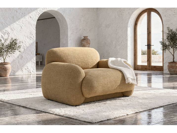 Fauteuil lounge en tissu texturé camel Yuma