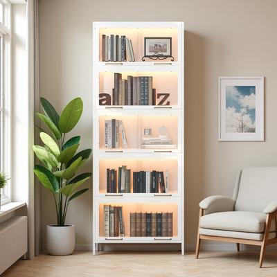 ZWYO HOSIMU 76.75in Steel 5-Tier Display Cabinet with Glass Doors & LED Lights, Barrister Bookcase with Flip-Up Doors & 165lbs Capacity
