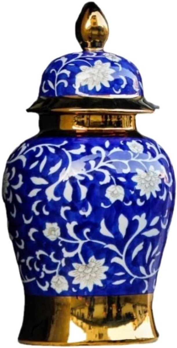 Handbeschilderde keramische gemberpot vaas in blauw wit, Hoogte: 35 cm