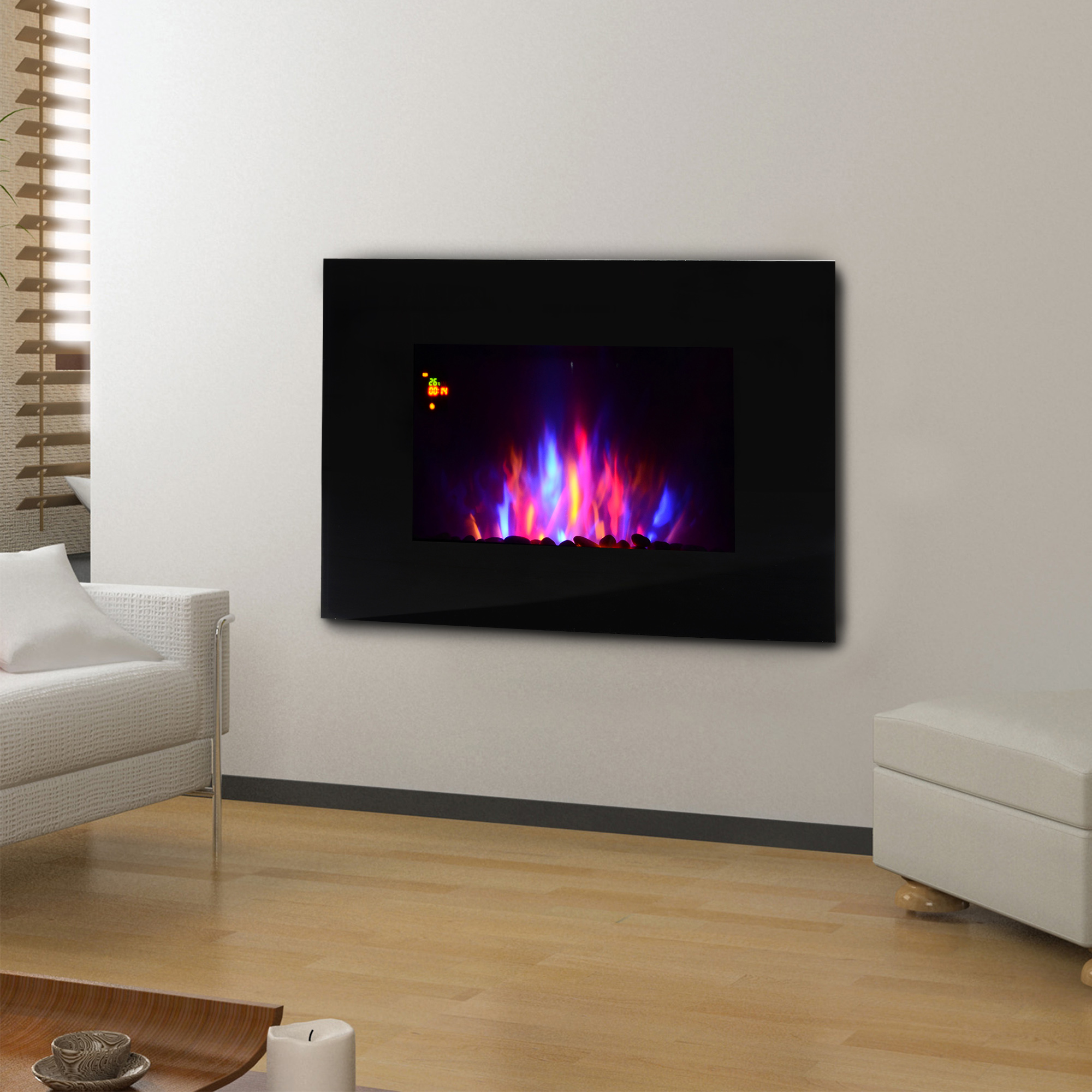 Homcom Camino Elettrico da Parete o Terra 2000W con Fiamma LED 7 Colori, Nero, 90x56x9.5cm