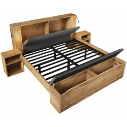 MODFU Doppelbett Holz in Eiche 180x200 cm mit Leselampen, USB, 2 Nachttischen und Bettbank