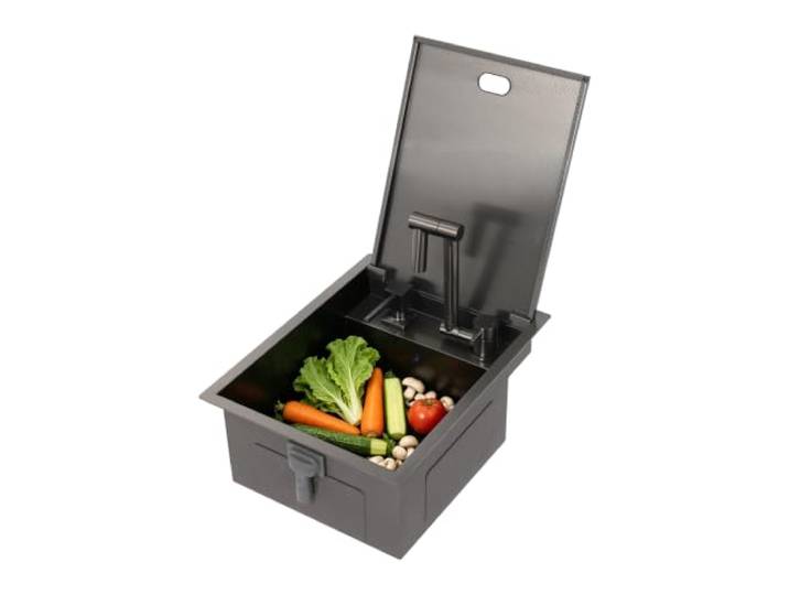 RV-Waschbecken Edelstahl mit Wasserhahn Single Bowl 45×35×21.9cm RV-Küchenspüle mit Deckel für Wohnmobil Yacht Bar Wohnungen 360° Drehbarer Klapphahn Einbecken Spüle Schwarz