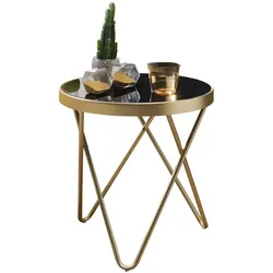 Eleganter Beistelltisch: Glas, V-förmige Beine, filigranes 70er-Jahre Design, pflegeleicht. Gold, 42x42x46 cm | Kadima Design