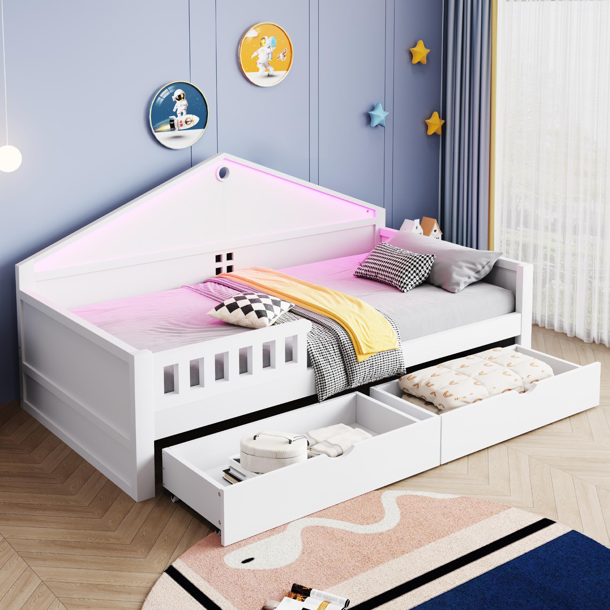 MODFU Schlafsofa 90×200 Kinderbett mit LED-Lichtleiste,Einzelbett Bettgestell mit Lattenrost und 2 Schubladen,mit robuste Konstruktion,Mit Matratze,weiß