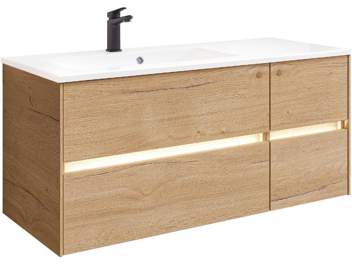 Waschtisch SAPHIR Solid-Surface-Waschtisch mit Unterschrank Serie 6010,vormontiert,113cm , halifax eiche quer nachbildung, halifax eiche nachbildung, B:113cm H:53,2cm T:50cm, Holzwerkstoff, Waschtische, Waschtisch, Waschplatz, 4 Schubladen, LED-Beleuchtung, Badmöbel Set mit Waschtisch