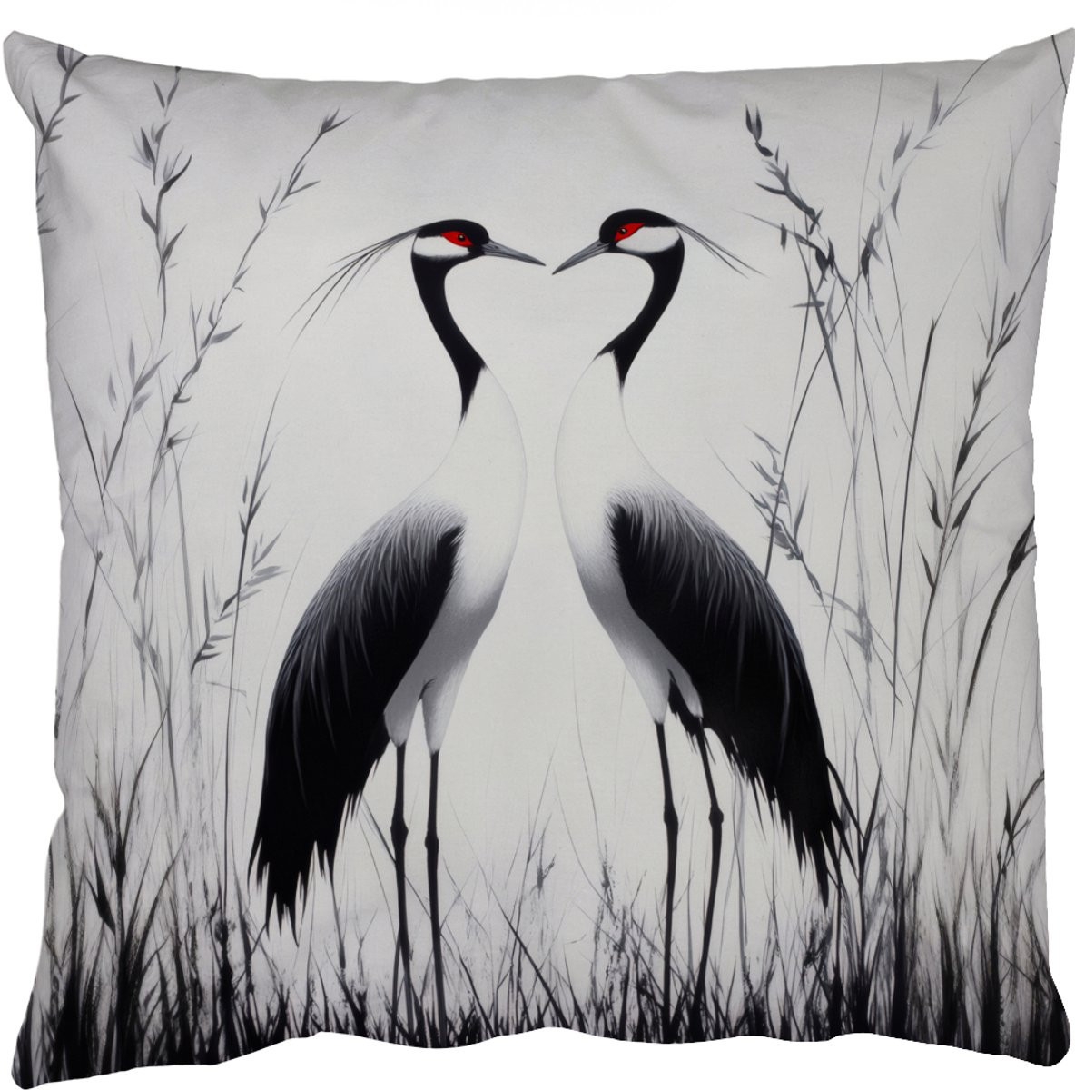PillowMonkey Sierkussen Kraanvogels Gras Hartvorm Zwart 45x45 cm