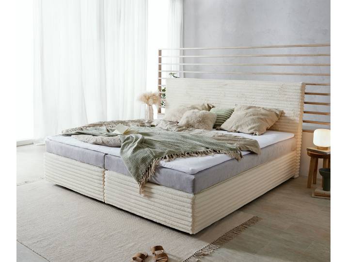 Boxspringbett Dream-Well Plüsch-Cord Beige 200x200 cm Bonell-Matratze PU-Topper, Boxspringbetten