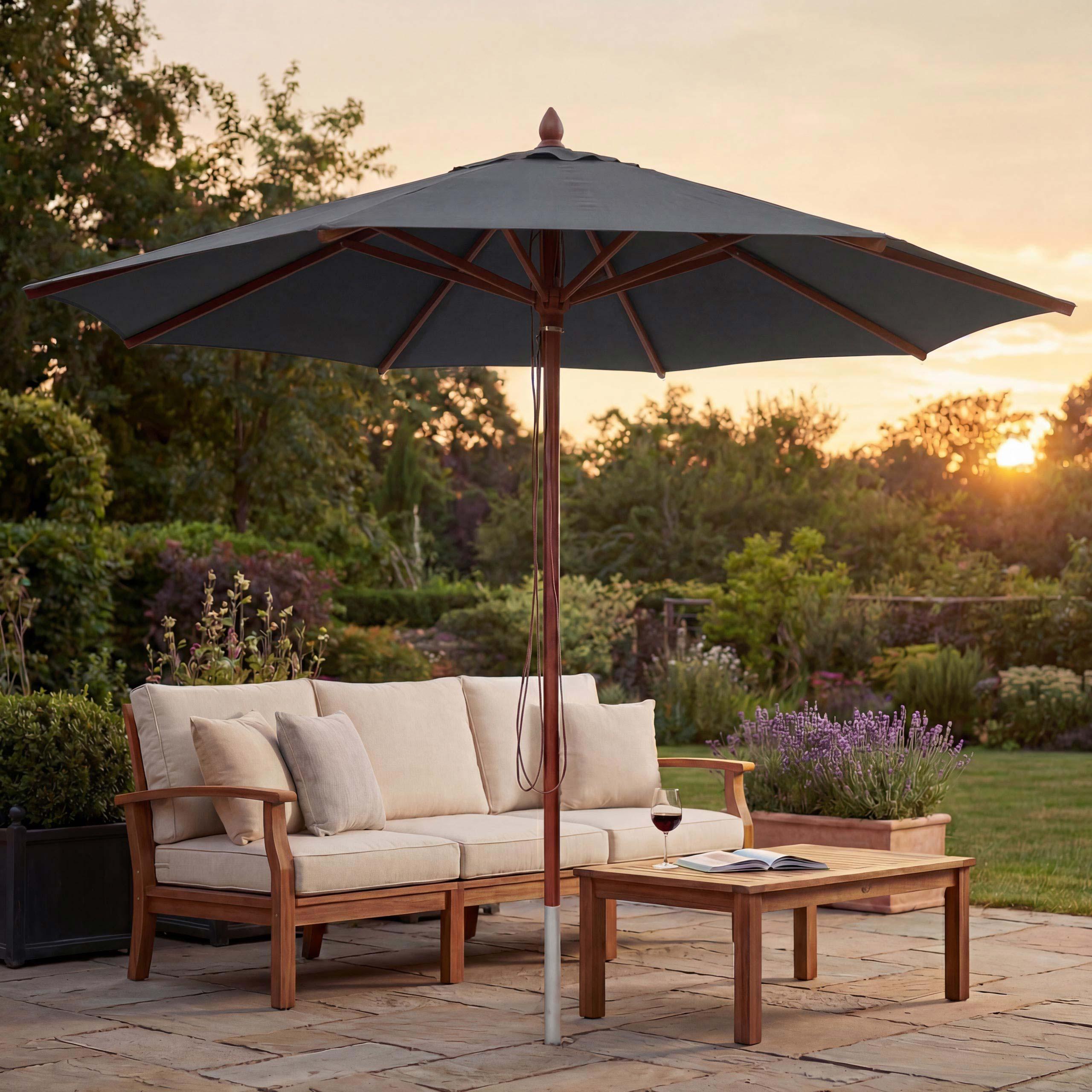 Gastronomie Holz-Sonnenschirm MCW-C57b, Gartenschirm, Polyester/Holz 17kg, rund Ø4m Seilzug stoßsicher anthrazit