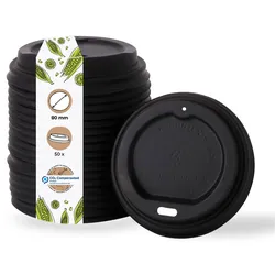 BIOZOYG 50 Stück Einwegdeckel Ø 80mm, schwarz  CPLA Bio Plastikdeckel Kaffeedeckel kompostierbar, biologisch abbaubar, umweltfreundlich
