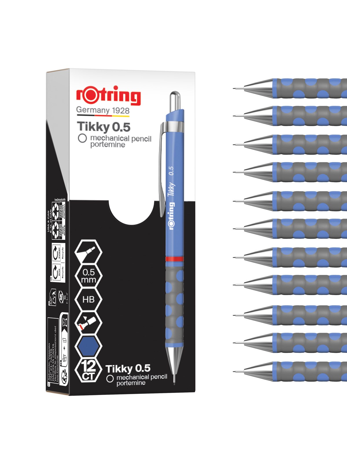 Rotring Tikky Mechanical Pencil | HB 0.5 mm | Iris (blue) Barrel | Lightweight with Rubberised Grip | 12 Count