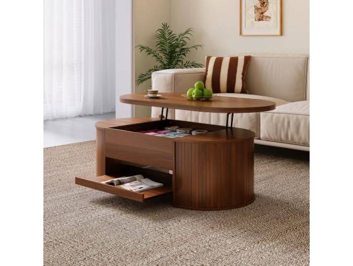 Anhebbarer Couchtisch mit Holzseiten & ausziehbarem Regal Höhenverstellbarer Wohnzimmertisch Walnuss, klappbare Tischplatte, Versteckter Stauraum – multifunktional & stilvoll