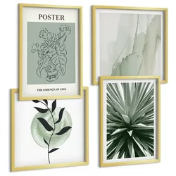 BILDER SET 4er Set - 50x50 cm & 40x60 cm Goldrahmen - Grün-beige Pflanzenmuster