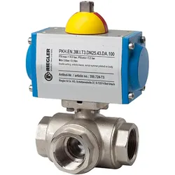 Riegler, Schlauchanschluss + Schlauchverbinder, Messingkugelhahn pneumatischer Stellantrieb T Bohrung Rp1/2 (15 mm)