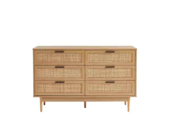 Commode AMANA effet chêne et cannage rotin 6 tiroirs