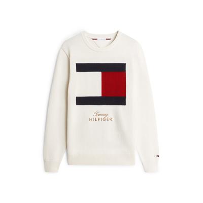 Rundhalspullover TOMMY HILFIGER "GIFTING FLAG CREW NECK", Herren, Gr. L, weiß (ivory petal), Strick, Obermaterial: 100% Baumwolle, normal, Rundhals, Rippbündchen, Pullover Rundhalspullover