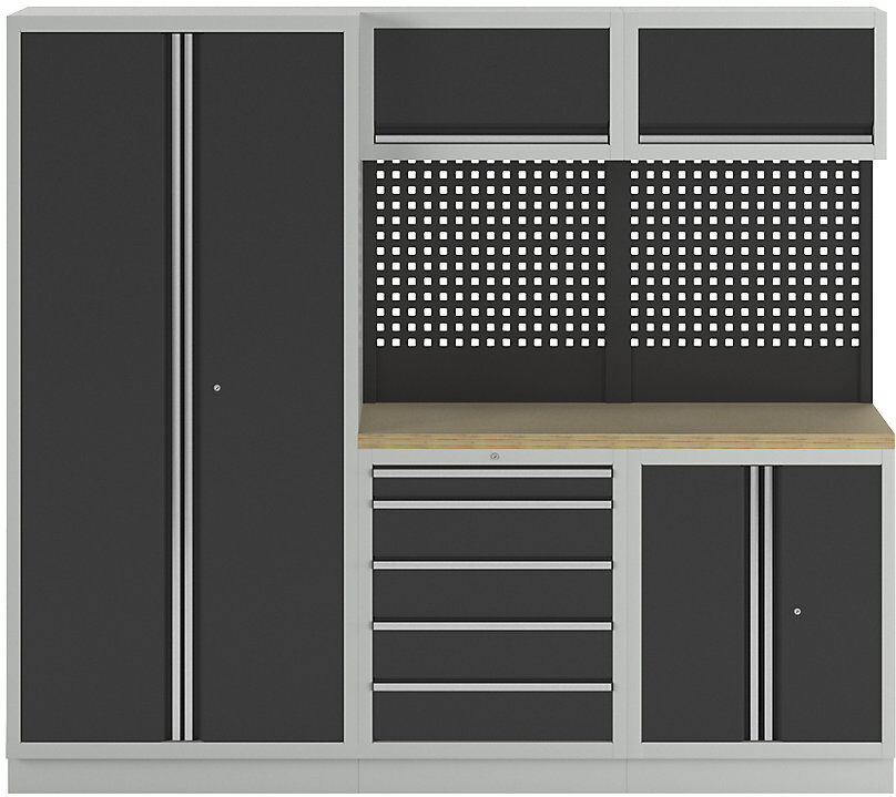 kaiserkraft Schranksystem, 1 Schrank, 2 Unterbauschränke, 2 Hängeschränke, anthrazitgrau