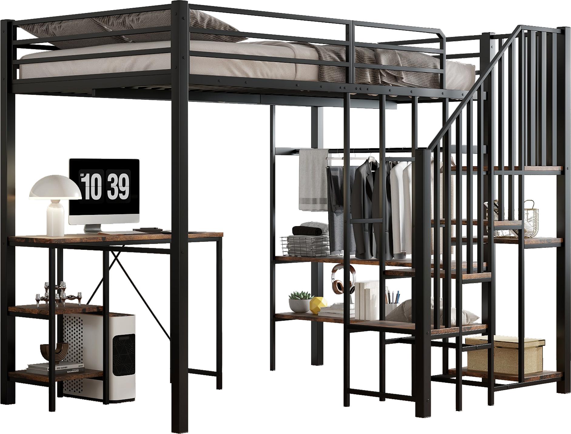 Etagenbett 120x200 cm in Schwarz, mit Eckleiter, Tisch, Regal und offenem Kleiderschrank, ohne Matratze