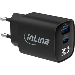 InLine USB PD Netzteil, GaN Ladegerät, QC, USB-C + USB-A, 30W, mit Display
