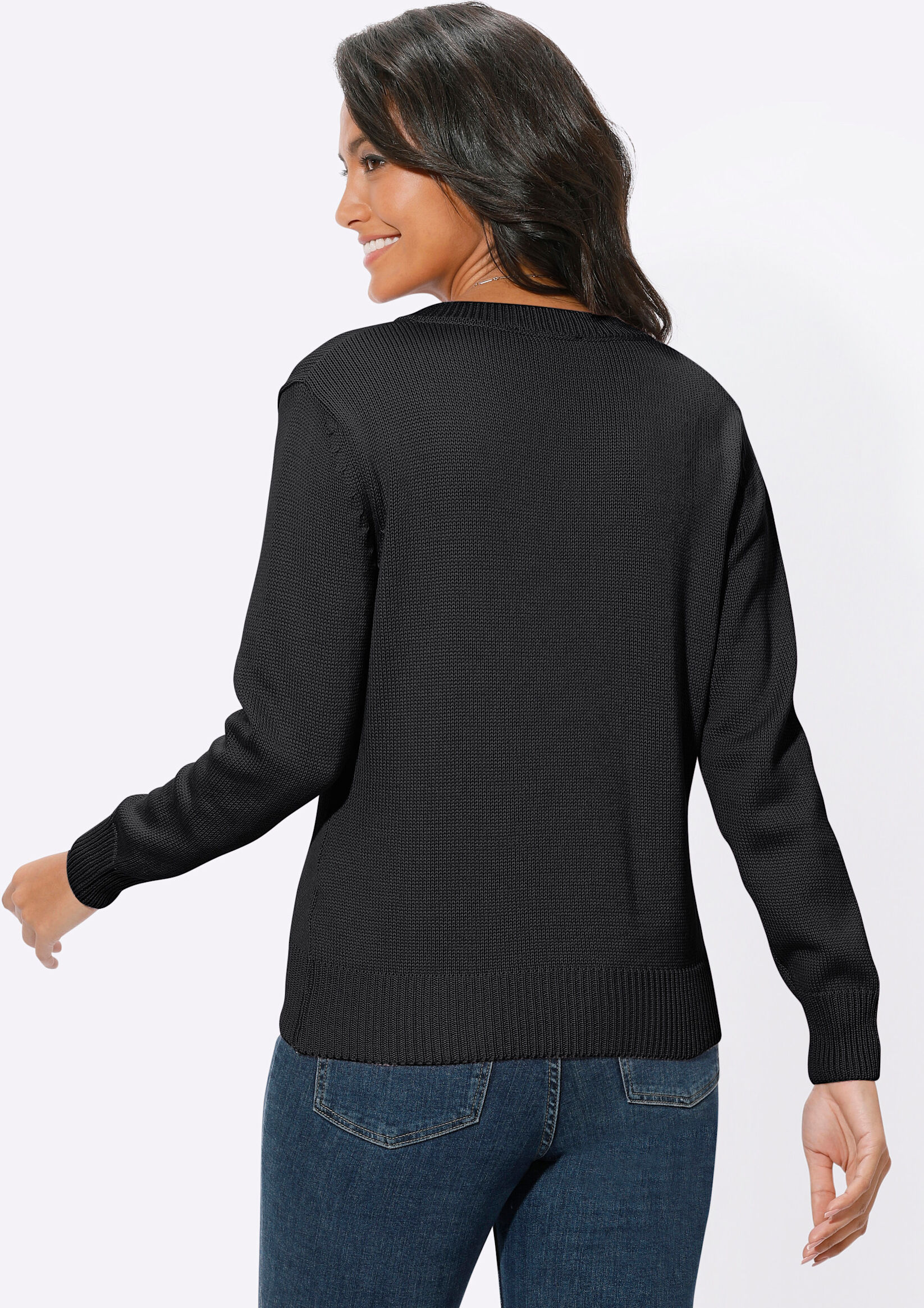 Longpullover WITT "Pullover V-Ausschnitt-Pullover mit Baumwolle", Damen, Gr. 48, schwarz, Sportlich, V-Ausschnitt, Pullover Longpullover
