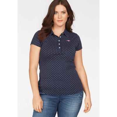 Poloshirt KANGAROOS, Damen, Gr. 44/46, blau (marine, weiß, gepunktet), Rippware, Obermaterial: 100% Baumwolle, bedruckt, figurbetont hüftbedeckend, Shirts, figurbetonter Schnitt, bedrucktes Punkte-Motiv, Hemdblusenkragen