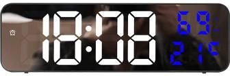 Uplifted Finds 9 Inch Ultra Slim Digital Mirror Wall Clock   LED Alarm With Temperature, Humidity & Night Mode Snooze mirror Blue Temp