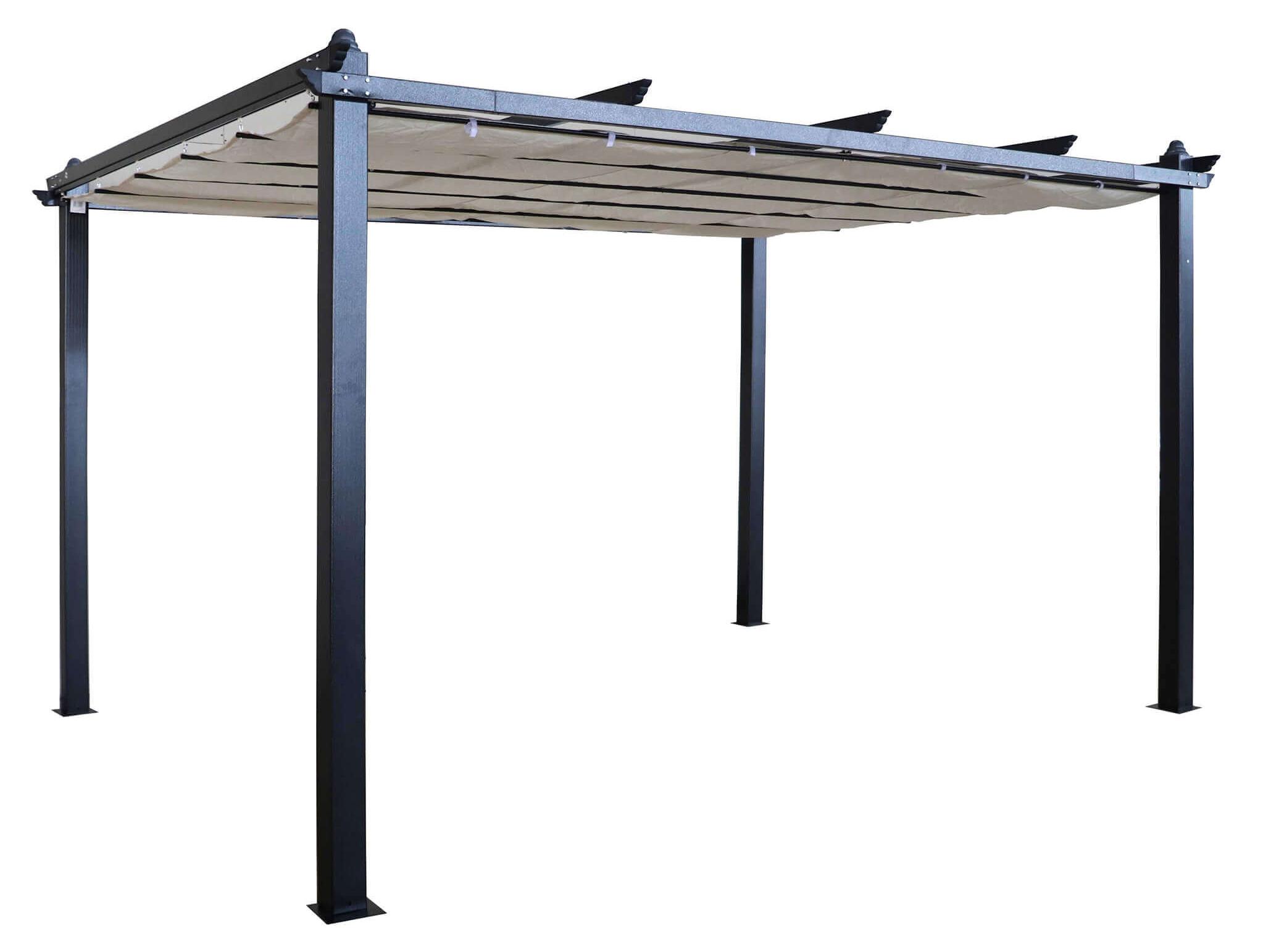 Aluminium-Pavillon mit Pergola, 3x4 Meter, anthrazitfarben, mit klappbarem Dach, das per Rollmechanismus bedient wird. (Marke: Jodene)