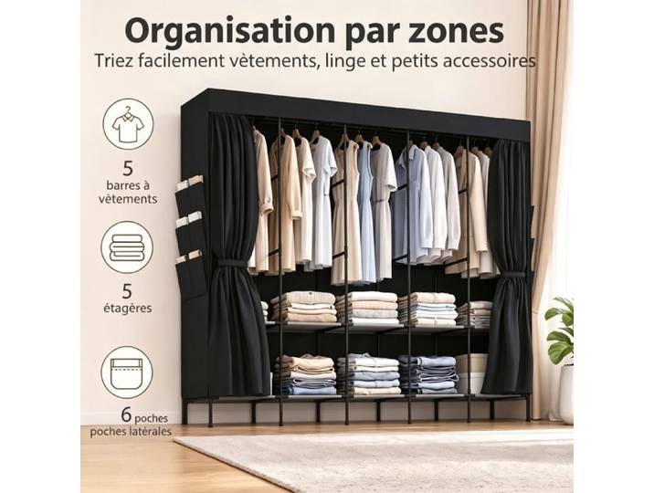URTR Armoire en tissu anti-poussière portable 5 tringles 212x45x167 cm pratique noir