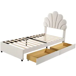 OKWISH Plattformbett 90x200 cm Samt Beige, gepolstertes Bett mit Schubladen, Lattenrost, stabiles Design für Schlafzimmer, komfortabel und elegant