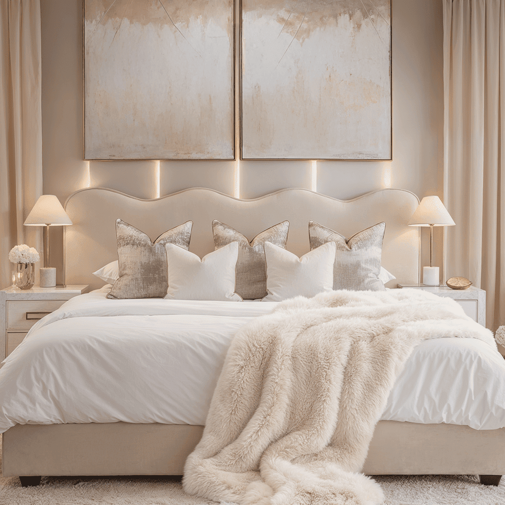 Squiggle Vanilla Velvet Scalloped Bed with Cream Piping Detail, Super King