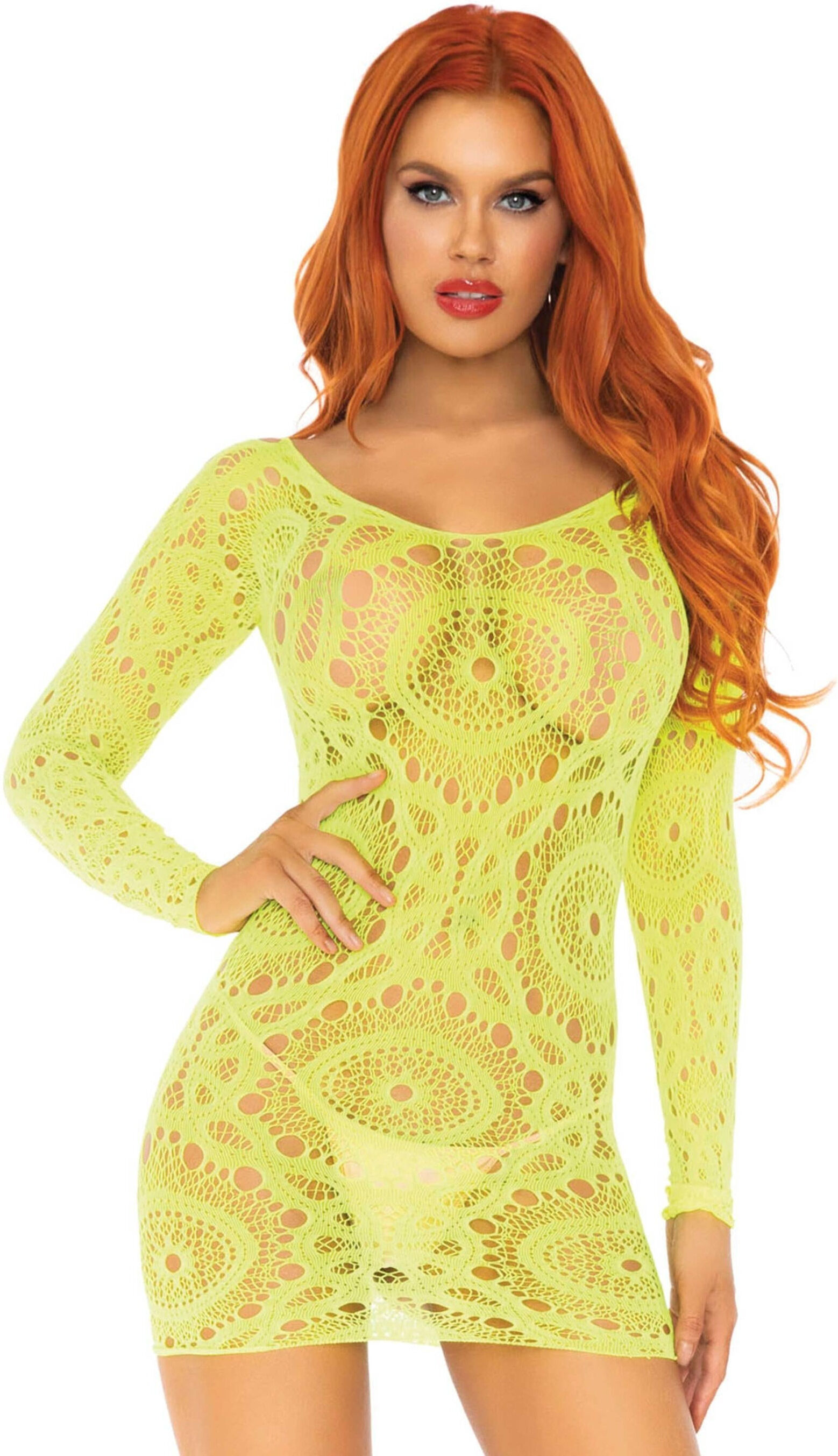Leg Avenue Mini robe en dentelle crochet à manches longues Jaune