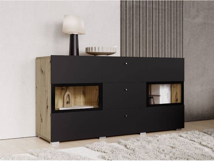 Commode BABEL 2 portes et 3 tiroirs chêne artisan/noir mat