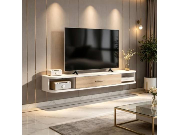 QQJIN Wand Tv Möbel 120cm Aus MDF mit Offenen Fächern und Klappschrank Tv Bank Für Tv Bis 50 Zoll, Tv Cabinet Mit Kabeldurchführungen, Wandmontage, Platzsparend Für Wohnzimmer