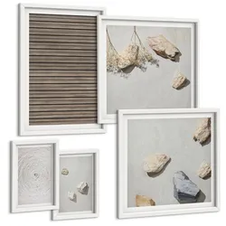 BILDER SET 5er Set - 50x50 cm & 20x30 cm & 40x60 cm Weißer Rahmen - Natürliche Texturen Holz Steine