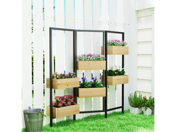 Outsunny Paravent Extérieur 3 Panneaux Bois Naturel avec Bacs