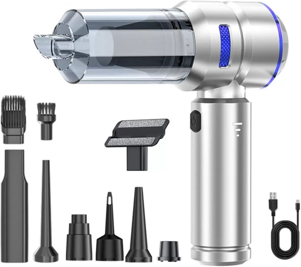 INF Handstaubsauger Auto Bürstenlos 100W, 6000mAh Akku, Type-C Schnellladung, 3-Stufen, Silber-Blau, Saugen & Blasen