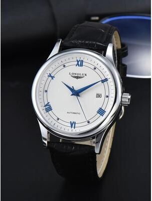 Inspired Finds LONGLUX Automatic Mechanical Men's Watch Classic Leather Strap Watch With Date Display white Black