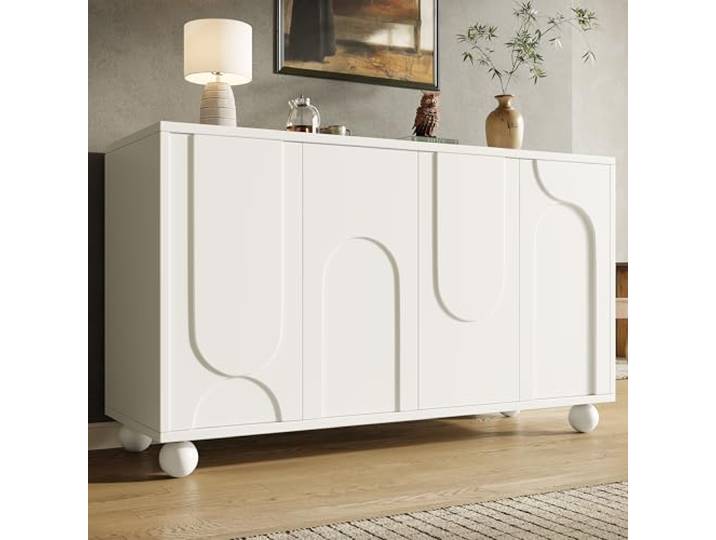 Merax Sideboard 120cm, Küchenschrank mit 4 Türen, Moderner Küchenkommode, Buffetschrank mit verstellbare Ablage, Designtüren, Kippsicher, Holz Aufbewahrungsschrank für Küche Wohnzimmer Esszimmer, Weiß
